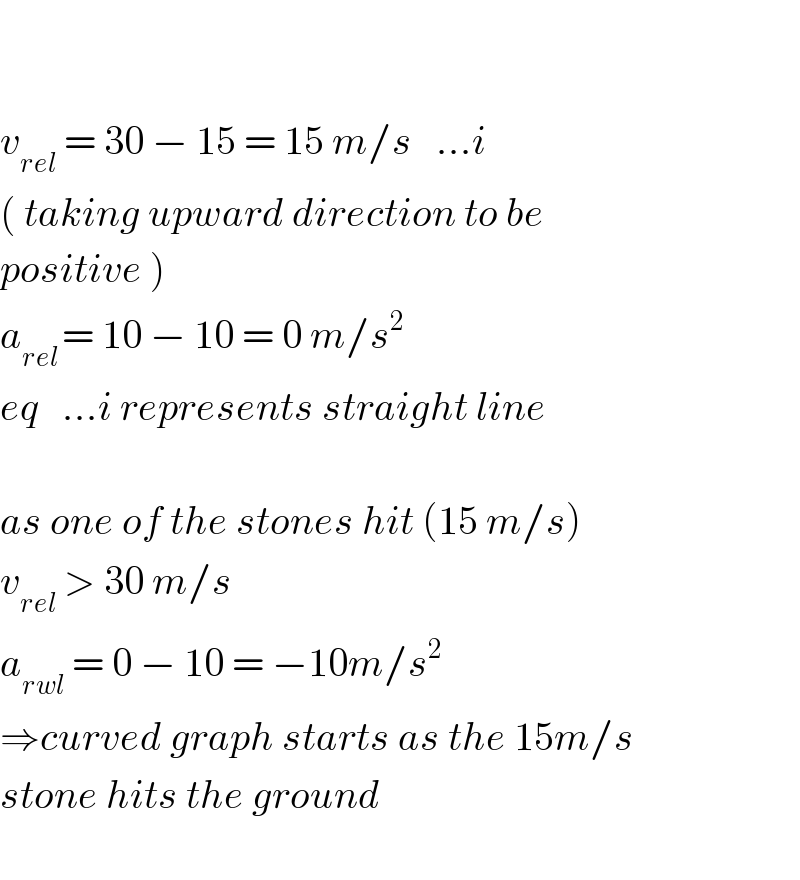     v_(rel)  = 30 − 15 = 15 m/s   ...i  ( taking upward direction to be   positive )  a_(rel ) = 10 − 10 = 0 m/s^2   eq   ...i represents straight line    as one of the stones hit (15 m/s)  v_(rel)  > 30 m/s  a_(rwl)  = 0 − 10 = −10m/s^2   ⇒curved graph starts as the 15m/s  stone hits the ground    