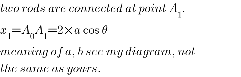 two rods are connected at point A_1 .  x_1 =A_0 A_1 =2×a cos θ  meaning of a, b see my diagram, not  the same as yours.  