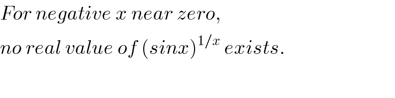 For negative x near zero,   no real value of (sinx)^(1/x)  exists.    