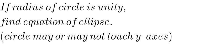 If radius of circle is unity,  find equation of ellipse.  (circle may or may not touch y-axes)  