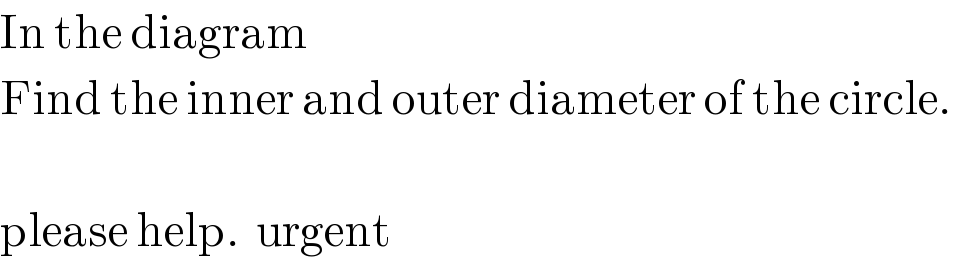 In the diagram   Find the inner and outer diameter of the circle.     please help.  urgent  