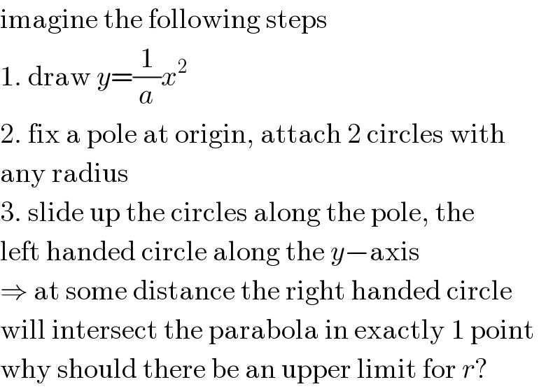imagine the following steps  1. draw y=(1/a)x^2   2. fix a pole at origin, attach 2 circles with  any radius  3. slide up the circles along the pole, the  left handed circle along the y−axis  ⇒ at some distance the right handed circle  will intersect the parabola in exactly 1 point  why should there be an upper limit for r?  