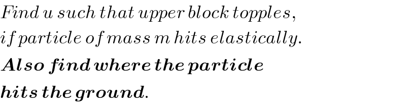 Find u such that upper block topples,  if particle of mass m hits elastically.  Also find where the particle  hits the ground.  