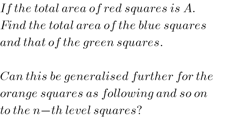 If the total area of red squares is A.  Find the total area of the blue squares  and that of the green squares.    Can this be generalised further for the  orange squares as following and so on  to the n−th level squares?  