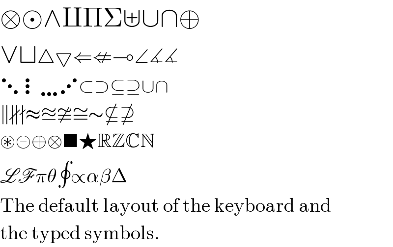 □ ∧∐ΠΣ⊎∪∩⊕  ∨⊔△▽⇐⇍⊸∠∡∡  ⋱⋮…⋰⊂⊃⊆⊇∪∩  ∥∦∤≈≊≇≅∼⊈⊉  ⊛⊝⊕□■★RZCN  LFπθ∮∝αβΔ  The default layout of the keyboard and  the typed symbols.  