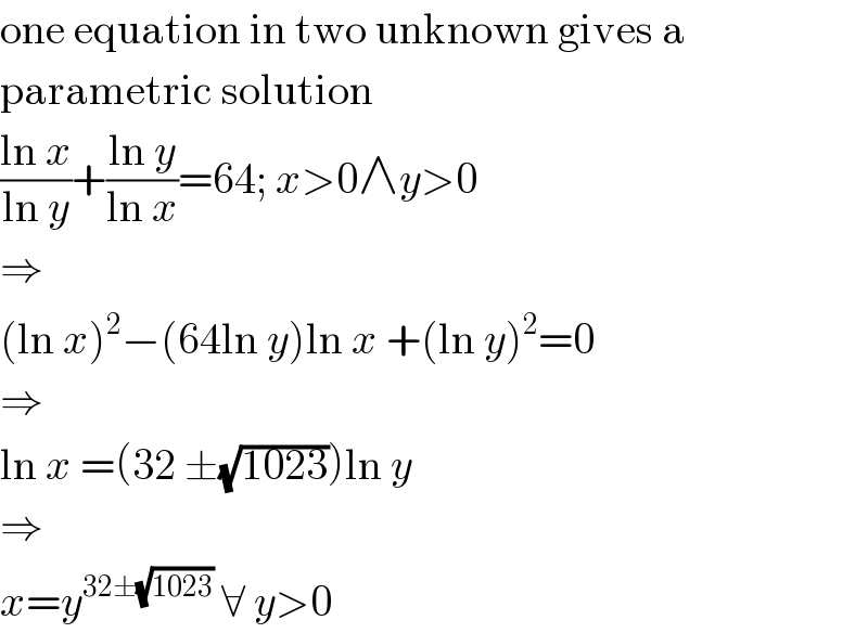 one equation in two unknown gives a  parametric solution  ((ln x)/(ln y))+((ln y)/(ln x))=64; x>0∧y>0  ⇒  (ln x)^2 −(64ln y)ln x +(ln y)^2 =0  ⇒  ln x =(32 ±(√(1023)))ln y  ⇒  x=y^(32±(√(1023)))  ∀ y>0  