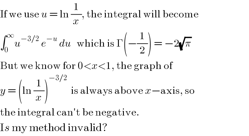 If we use u = ln (1/x), the integral will become  ∫_0 ^∞ u^(−3/2)  e^(−u)  du   which is Γ(−(1/2)) = −2(√π)  But we know for 0<x<1, the graph of   y = (ln (1/x))^(−3/2)   is always above x−axis, so  the integral can′t be negative.  Is my method invalid?  