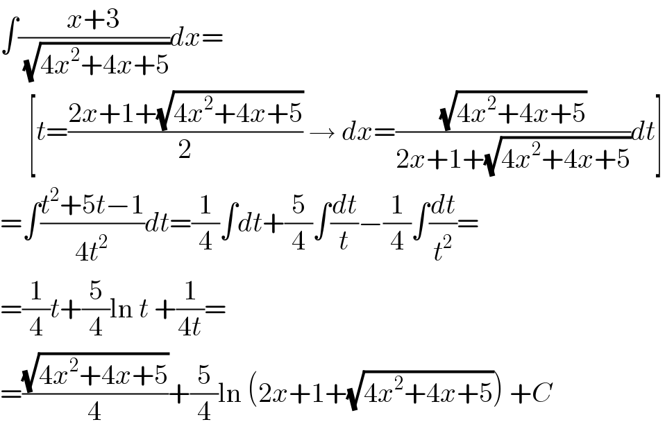 ∫((x+3)/(√(4x^2 +4x+5)))dx=       [t=((2x+1+(√(4x^2 +4x+5)))/2) → dx=((√(4x^2 +4x+5))/(2x+1+(√(4x^2 +4x+5))))dt]  =∫((t^2 +5t−1)/(4t^2 ))dt=(1/4)∫dt+(5/4)∫(dt/t)−(1/4)∫(dt/t^2 )=  =(1/4)t+(5/4)ln t +(1/(4t))=  =((√(4x^2 +4x+5))/4)+(5/4)ln (2x+1+(√(4x^2 +4x+5))) +C  